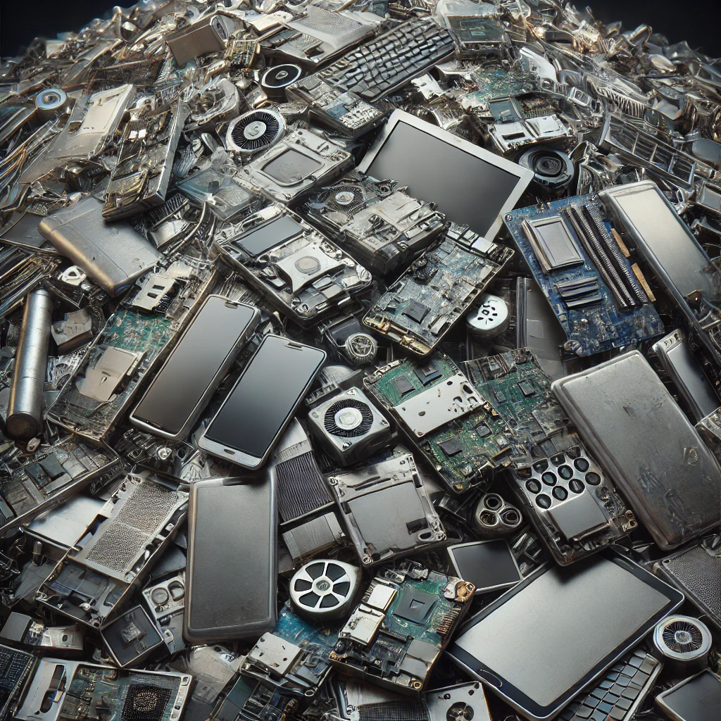 Stos zużytego sprzętu elektronicznego, w tym smartfony, laptopy, płyty główne i przewody, przedstawiający potencjał recyklingu odpadów elektronicznych przez Grupę Elemental.