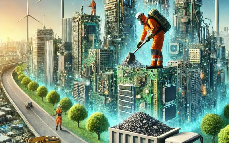 DALL·E 2024-08-19 13.00.43 – A visually striking image representing the concept of Urban Mining. The scene includes a modern cityscape with tall buildings made of electronic compo DALL·E 2024-08-19 13.00.43 - A visually striking image representing the concept of Urban Mining. The scene includes a modern cityscape with tall buildings made of electronic compo