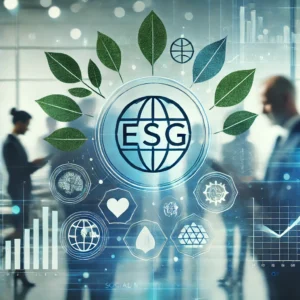 DALL·E 2024-08-28 23.34.04 - A modern, abstract image focusing on ESG (Environmental, Social, and Governance) themes. The scene includes a blurred background with business profess