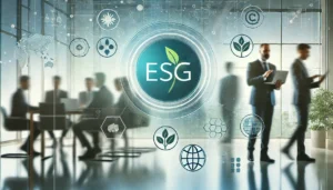 DALL·E 2024-08-28 23.35.39 - A wide, modern, abstract image focusing on ESG (Environmental, Social, and Governance) themes. The scene includes a blurred background with business p